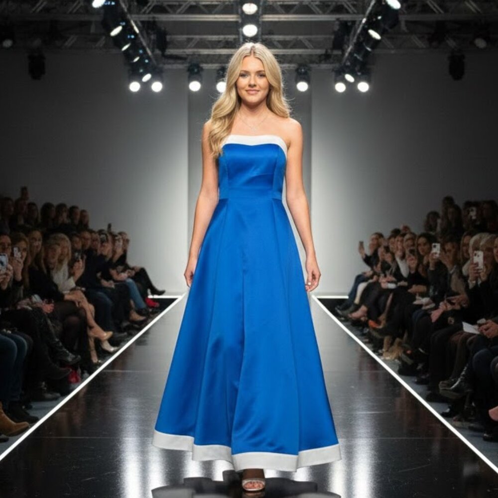 Satin A-Line Royal Blue & White Formal Bridesmaid Gown Dress NWT